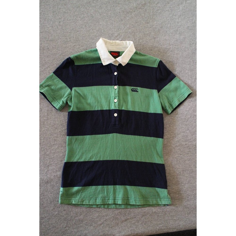 Canterbury of New Zeeland Green Navy Blue Stripped Polo Rugby Shirt Size 10 S